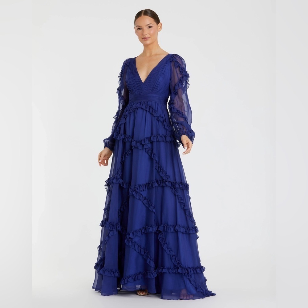 Mac Duggal A68223 NWT Blue Cascade Ruffle Puff Sleeve A Line Gown